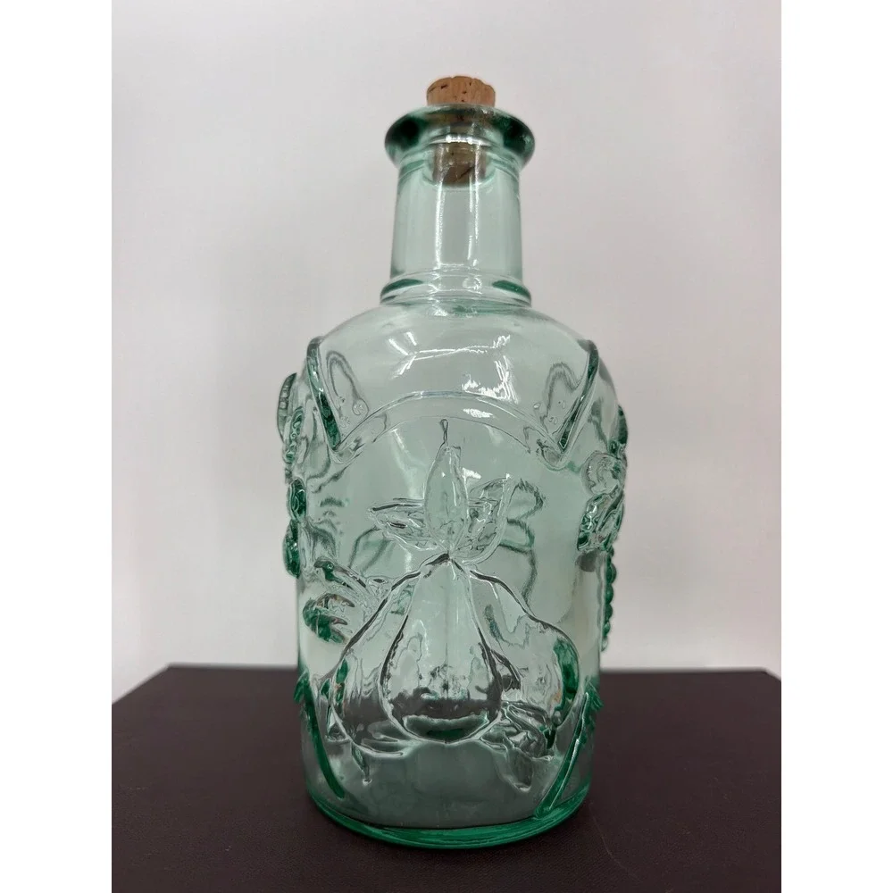 Vintage Libby Green Pressed Glass Decanter Grapes Fruit Bottle Made in Canada
